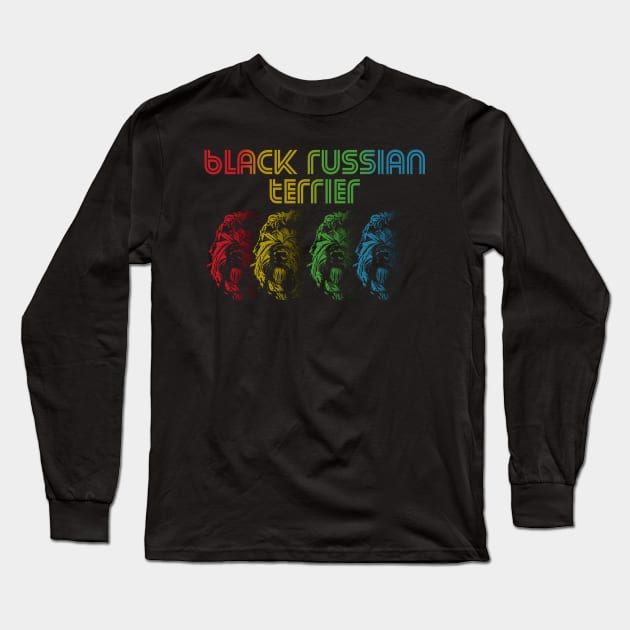 Cool Retro Groovy Black Russian Terrier Dog Long Sleeve T-Shirt by Madfido